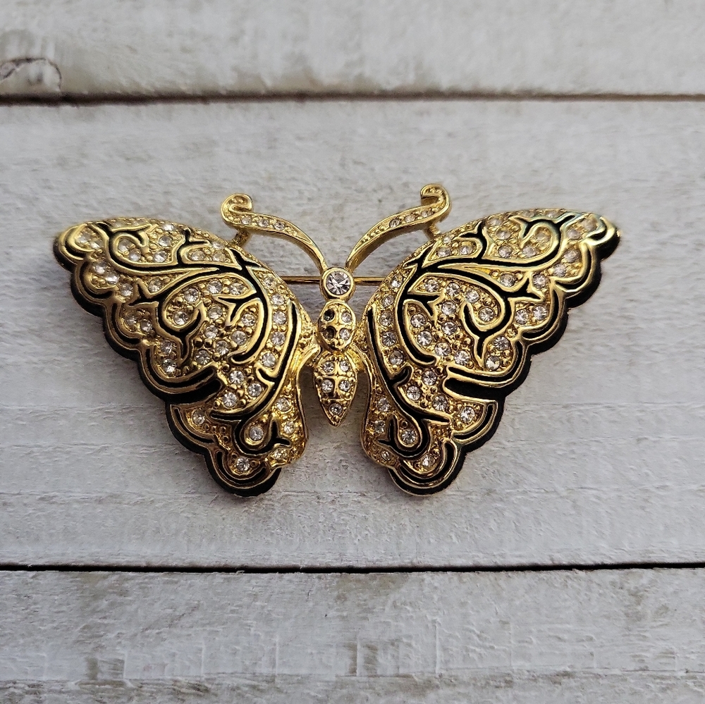 Vintage Napier Rhinestone Butterfly Brooch Goldtone Signed
